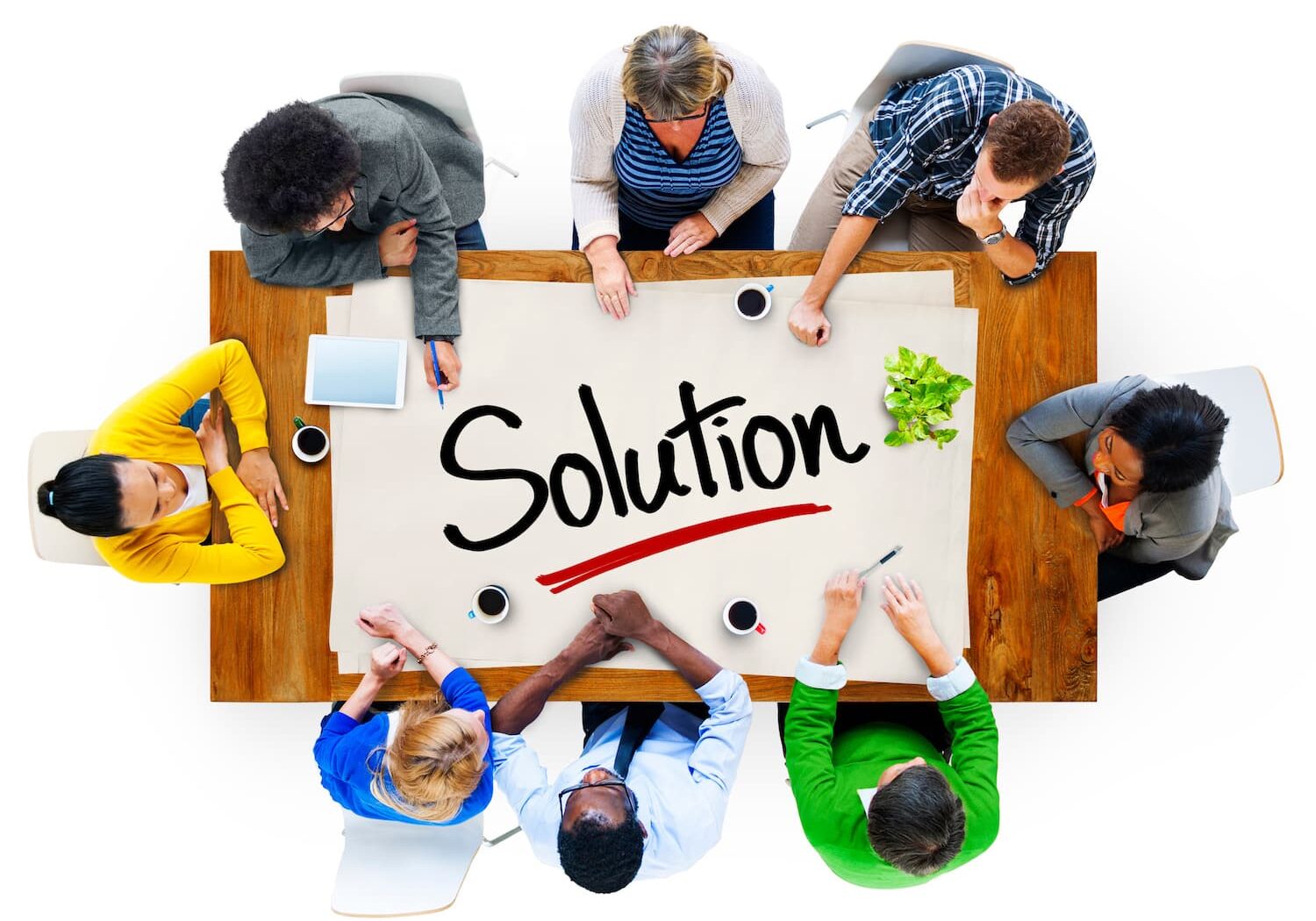 People in a Meeting and Single Word Solution Team Strategy